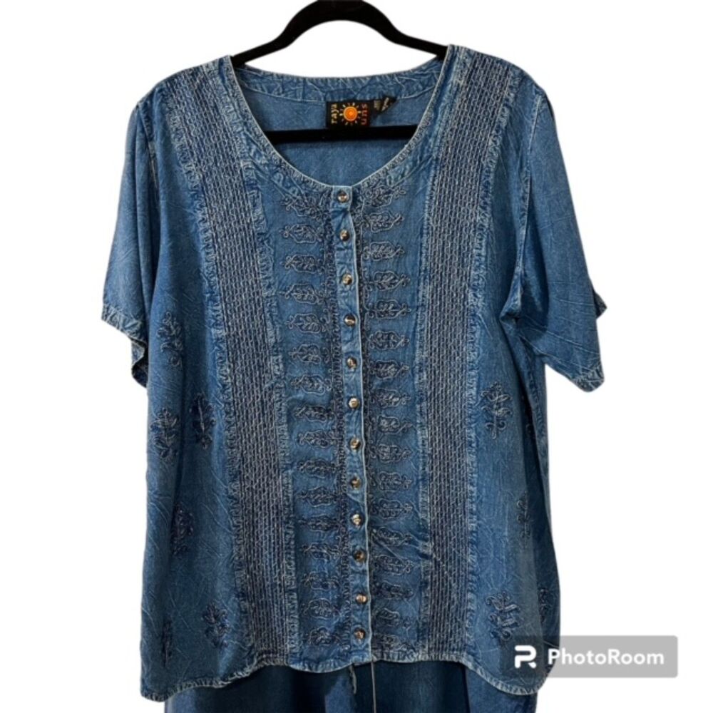 Raya Sun Womens Blue Chambray Cropped Cotton Rayon Pant Set Elastic Waist Sz 2X - Picture 2 of 14